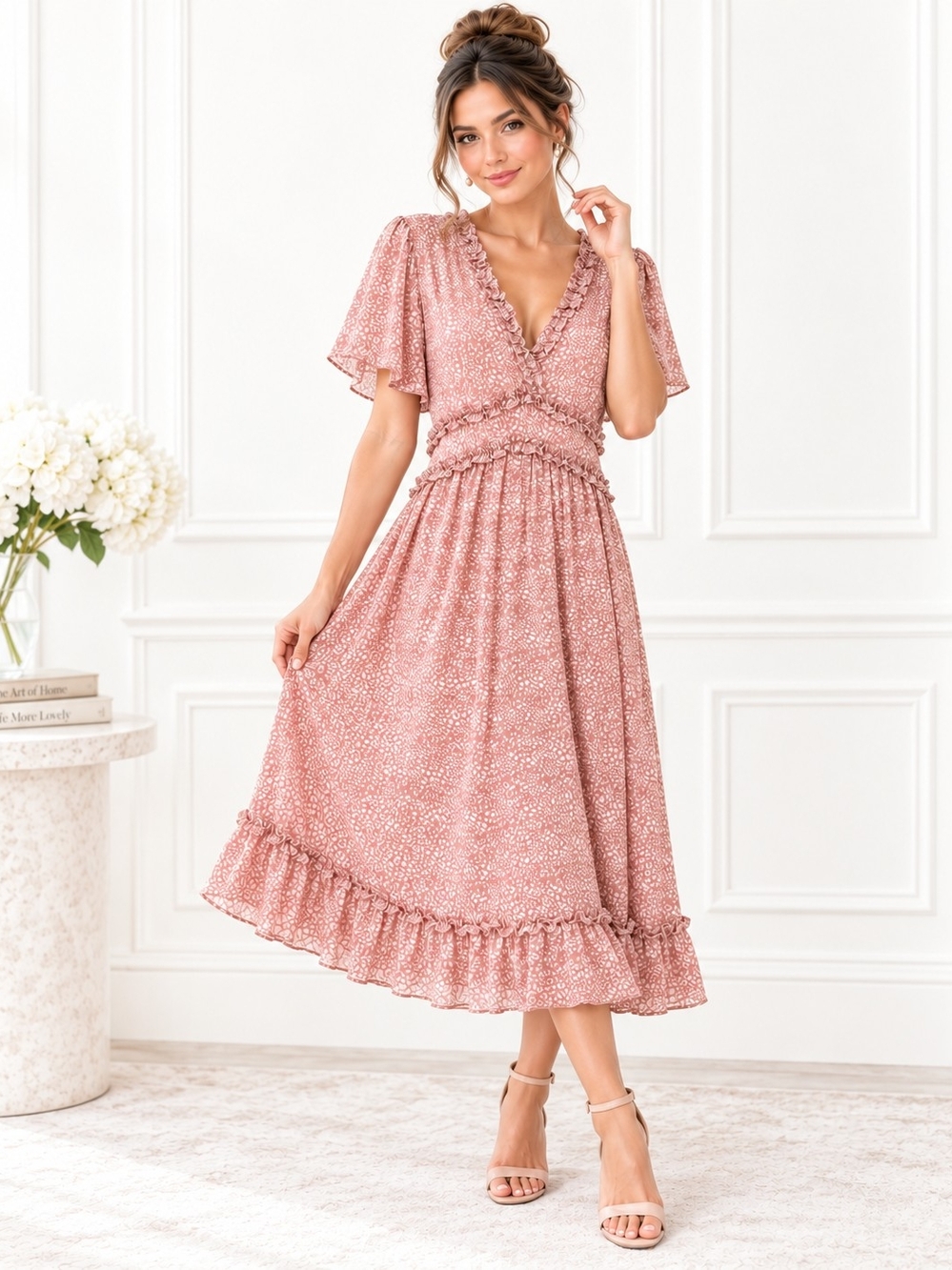 Mopoogoss Dusty Rose Ruffle Midi Dress Flutter Sleeve | Size XL | Cottagecore